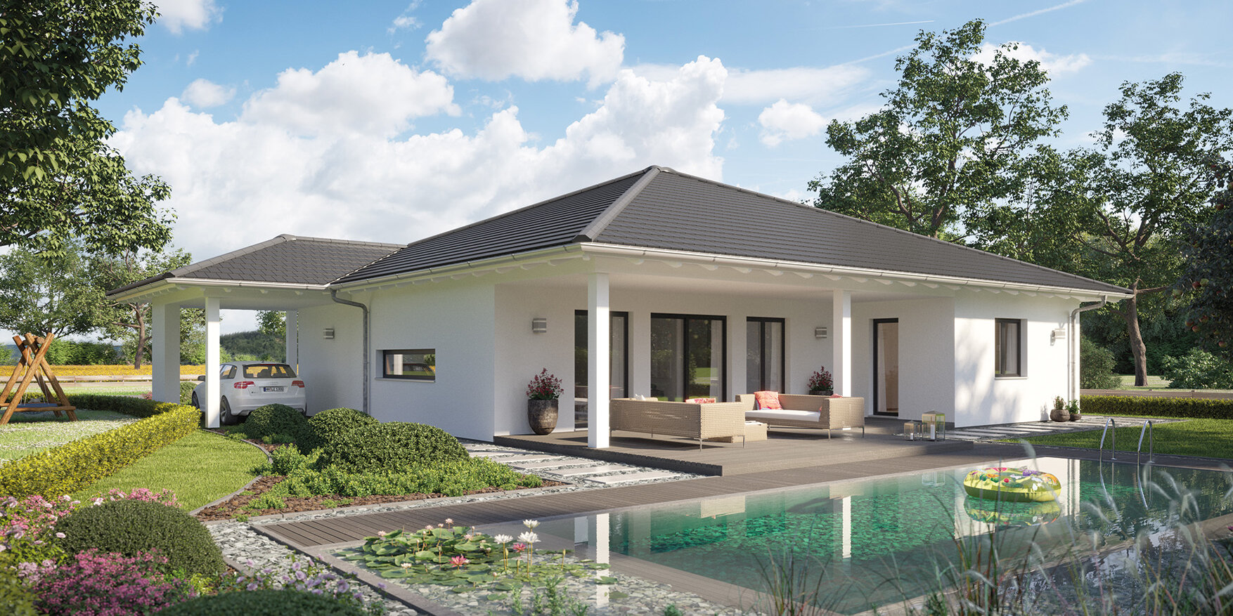 ein schöner WeberHaus Bungalow mit Pool und Walmdach, der als frei geplantes Architektenhaus geplant wurde